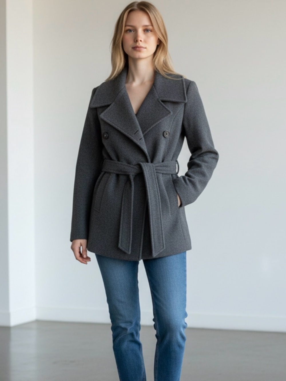 Zara Gray Double-Breasted Belted Pea Coat
